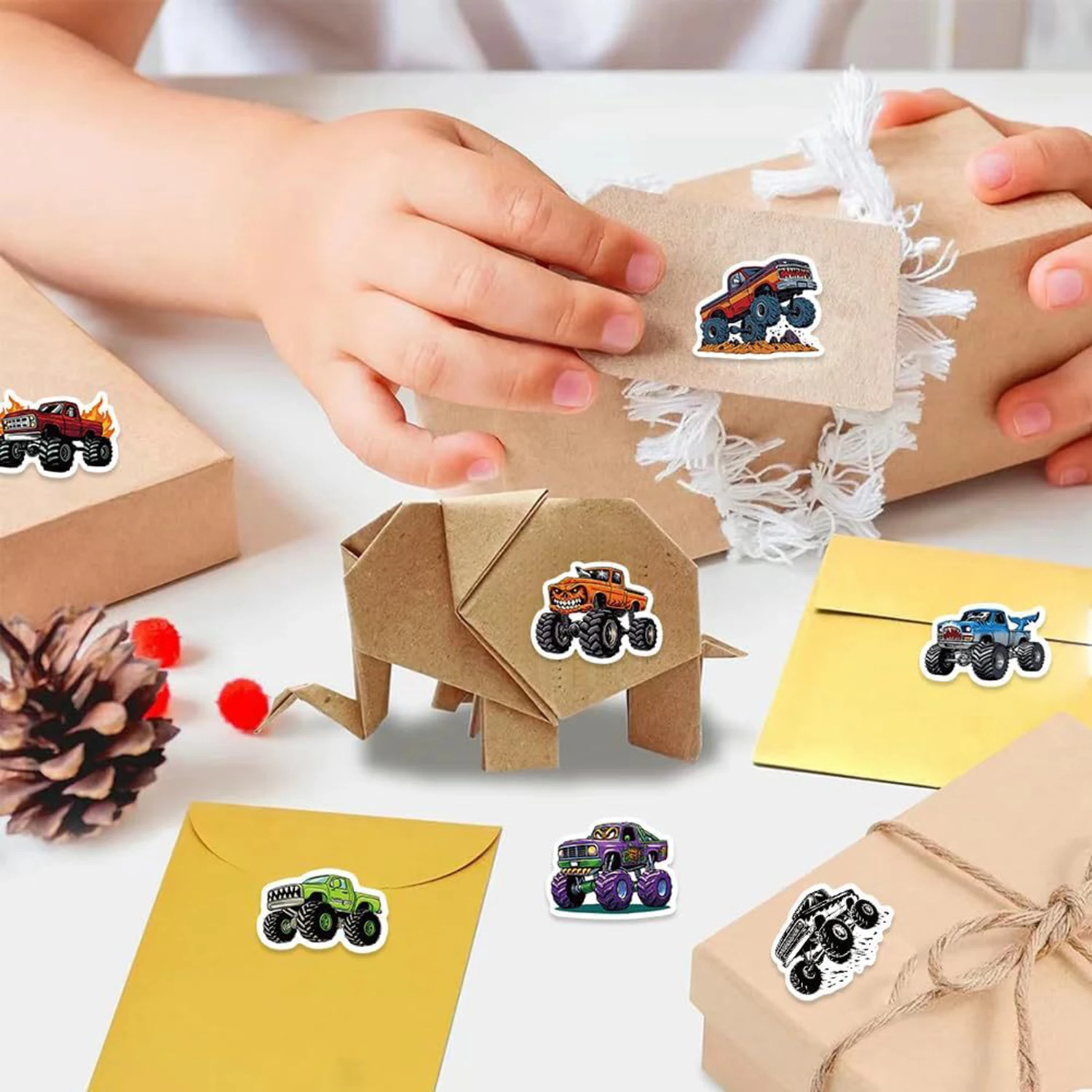 50-500PCS Monster Truck Stickers Roll 10 Styles Cute Cartoon Car Decals Stickers For Water Bottle