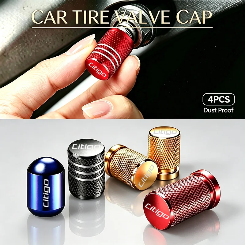 For Skoda Citigo 4Pcs Custom Car Wheel Tire Valve Stem Caps Aluminum Knurled Air Dust Caps With Citigo Logo Styling Accessories