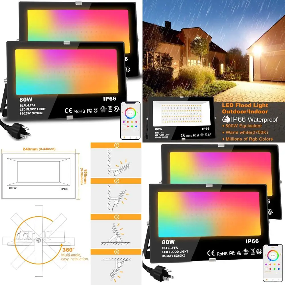 

Уличный умный светодиодный прожектор RGB мощностью 800 Вт (эквивалент 8000 лм) с управлением через приложение, настраиваемыми сценариями, таймером, теплым белым светом 2700K, изменением цвета