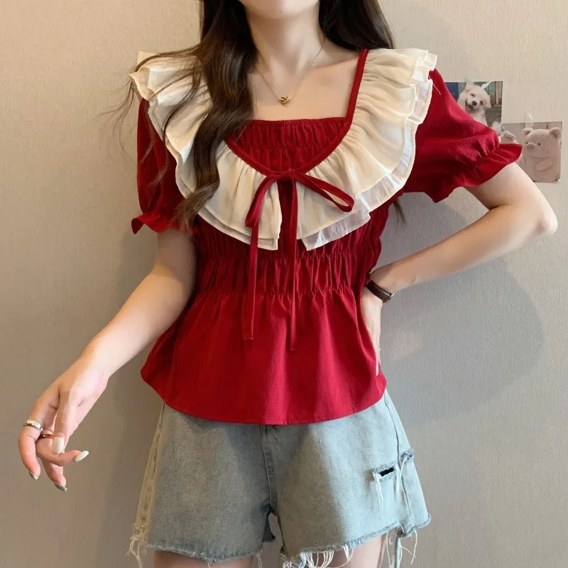 Summer Woman Shirts Square Collar Puff Sleeve Loose Blouses 2023 Blusas De Mujer Bandage Fashion Chic Sweet Tops Female 4XL