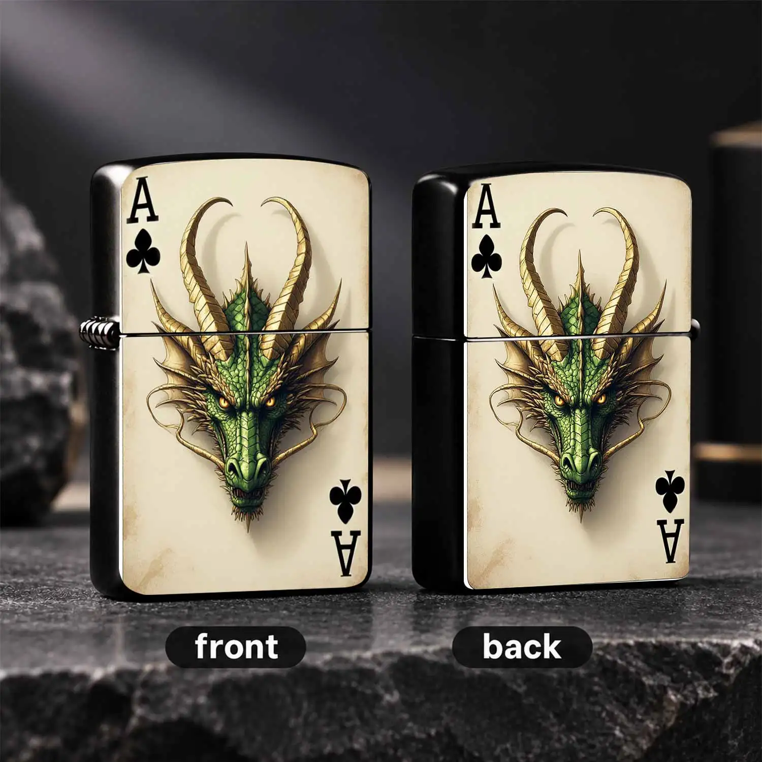Vintage Ace Of Clubs Dragon Head Themed Lighter, Retro Faded Playing Card Style, Exquisite Green Oriental Dragon Pattern, Portable Practical Accessory For Daily Use, Gorgeous Unique Collectible Gift For Various Scenes, Ideal Present For Fan