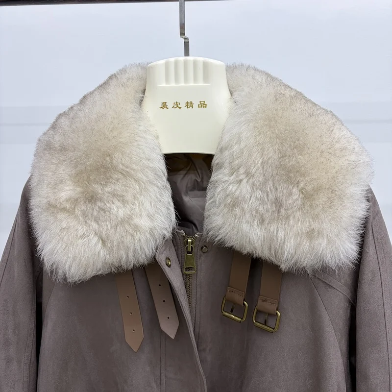 Women Oversized Loose Parka Real Shearling Fur Collar Goose Down Liner Winter Coat Big Pockets Drawstring Hem Warm Outerwear - view 6