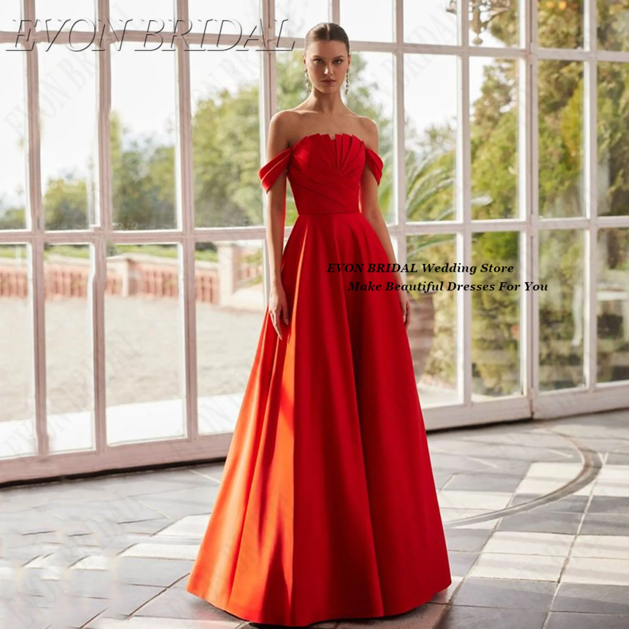 

Detachable Off Shoulder Evening Gown 2026 Red Party Dress Woman Customized Floor Length Bridesmaid Wedding Dress EVON BRIDAL