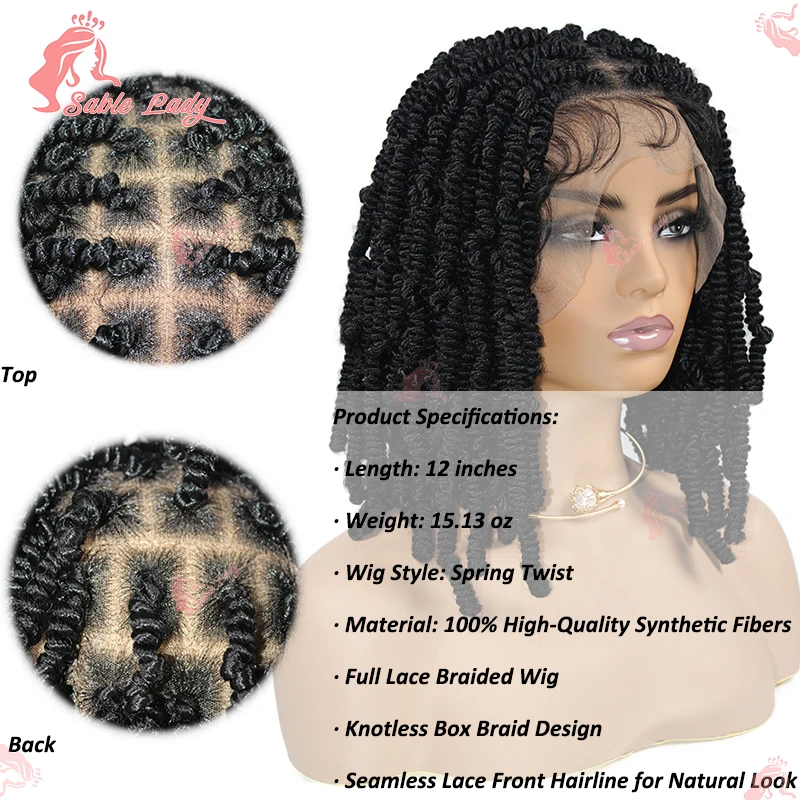 Wig sintetis kepang renda penuh untuk wanita, Wig rambut kepang gairah pendek untuk warna hitam 12 "Musim Semi, kepang, kepang, Afrika