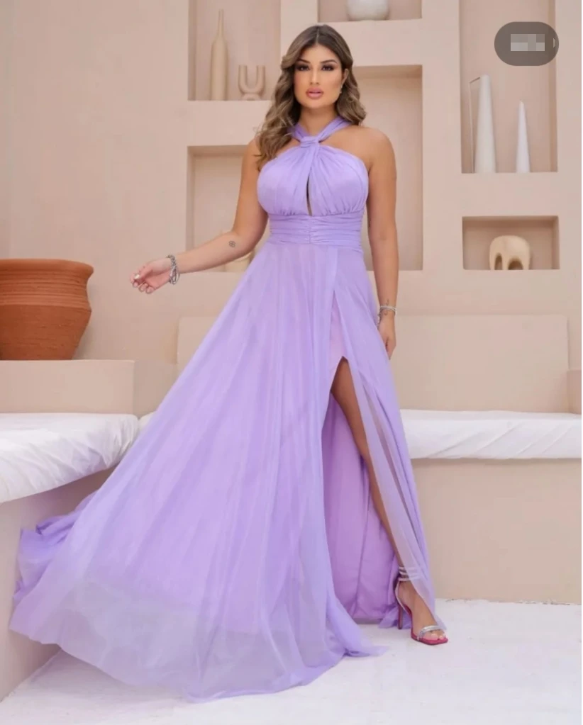 

A-Line Lilac Halter Bridesmaid Dress with Slit Chiffon Open Back Party Wear Dress vestidi madrinha de casamento