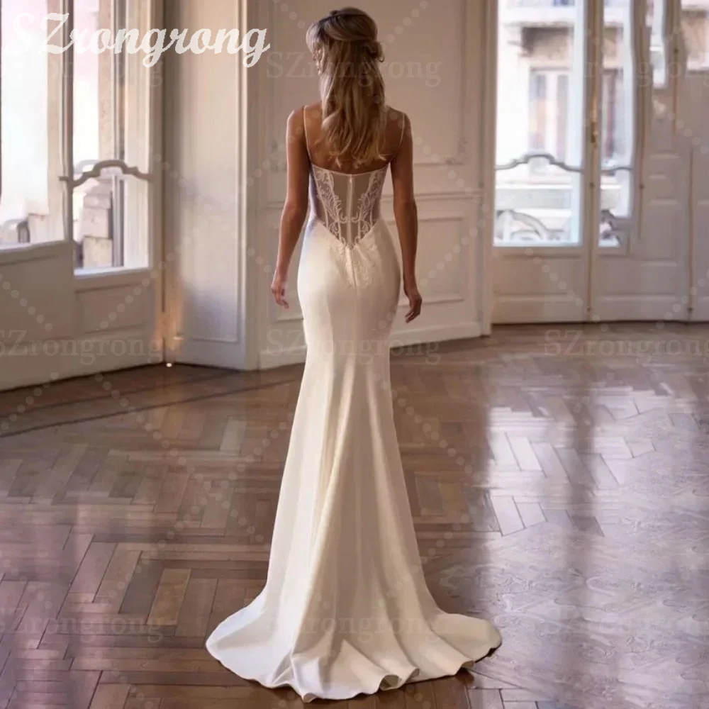 Boho Spaghetti Straps Satin Wedding Dress Lace Illusion Back Floor Length Mermaid Sexy Bridal Dress with Train Custom Made