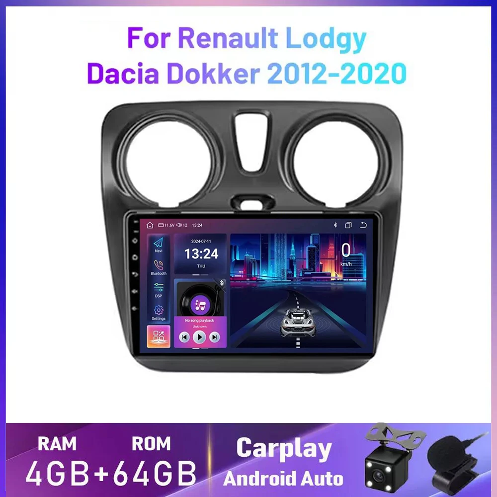 

9-дюймовый автомобильный радиоприемник Android 14 Carplay Auto WIFI + 4G для Renault Lodgy Dacia Dokker 2012-2020, мультимедийный видеоплеер, GPS, стерео, RDS