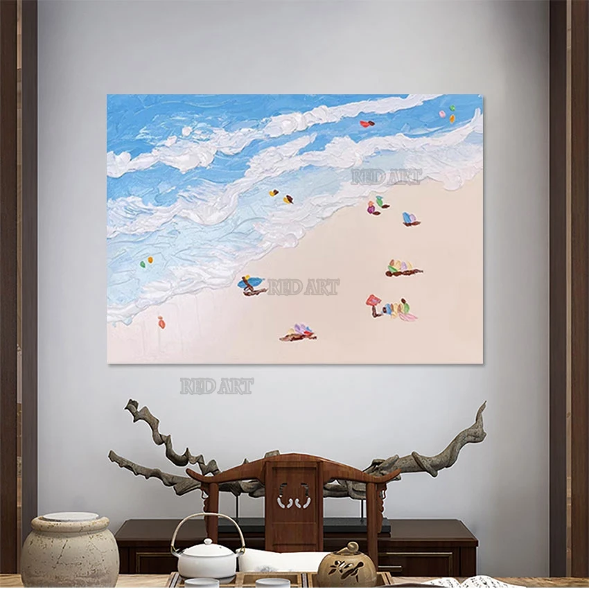 Abstract Beach Scene Canvas Painting, Large Picture, Living Room Decor, Wall Art, People, Spend Holidays, Home Decorative Item