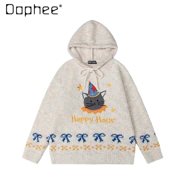 2025 Autumn Winter New Unisex Cute Cartoon Cat Letter Bow Embroidered Black Apricot Loose Casual Hooded Sweater