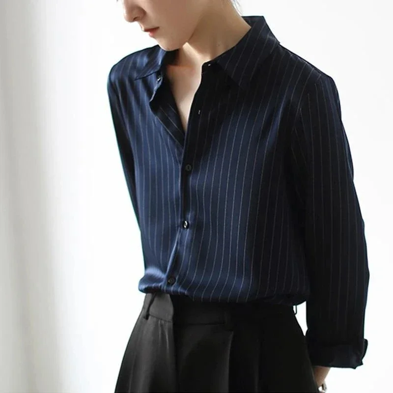 MEXZT Vintage Black Striped Shirts Women Office Long Sleeve Loose Casual Blouses Lady Korean Fashion Elegant Chic All Match Tops