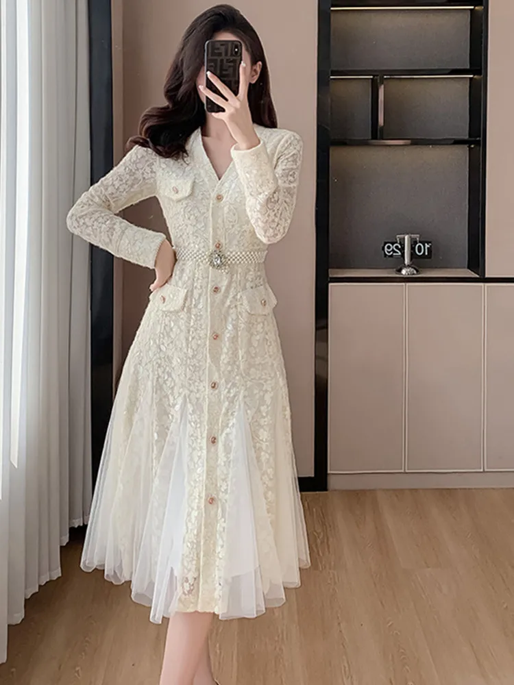SMTHMA High-End French Runway Dress 2024 New Spring Elegant Celebrity Light Fashion Lace Hollow Out Long Dresses Vestidos