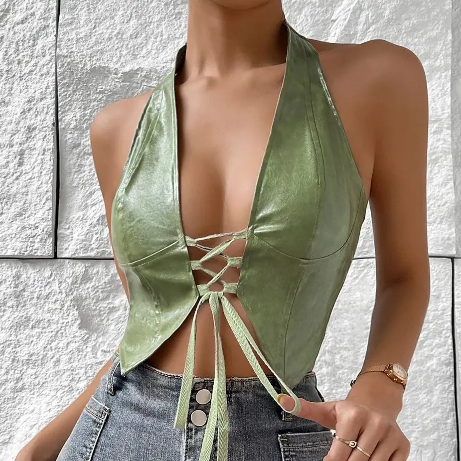 Summer Women Sleeveless Green Pu Leather Bustier Tank Tops Street Sexy Lace-up Cardigan Halter Corset Crop Top Lingerie Camisole