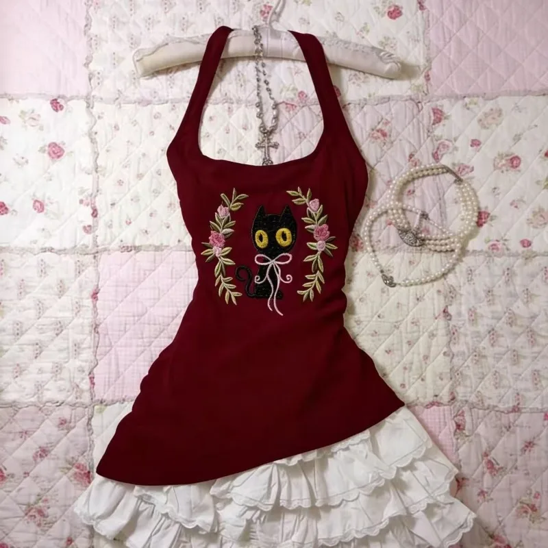 الأمريكية الرجعية هوتي بروتيل الأحمر غير النظامية سترة Kawaii القطط المطبوعة ضئيلة الدبابات المرأة الشارع موضة شيك القمم Ropa Mujer