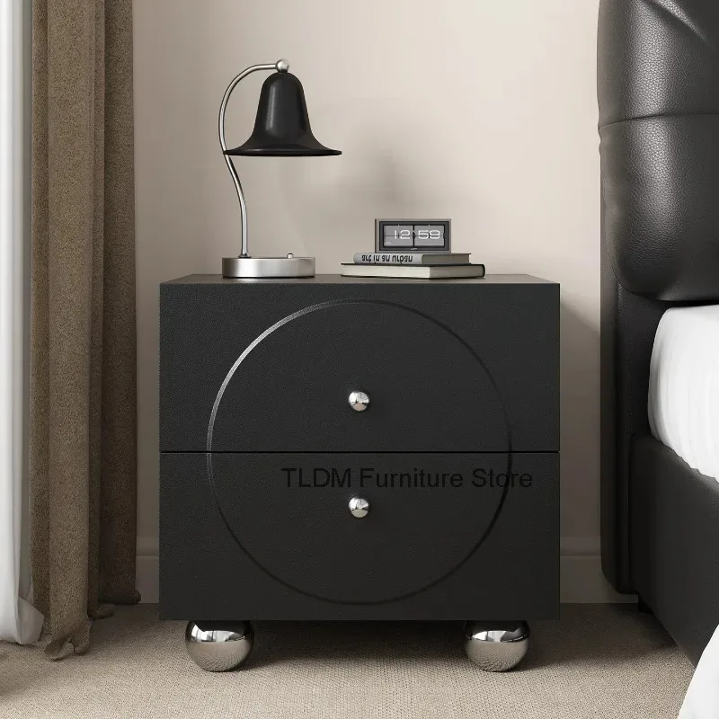 Embossed Circular Pattern Nightstand, Round Metallic Knobs and Sphere Shape Feet, Modern Bedside Storage Cabinet for Bedroom