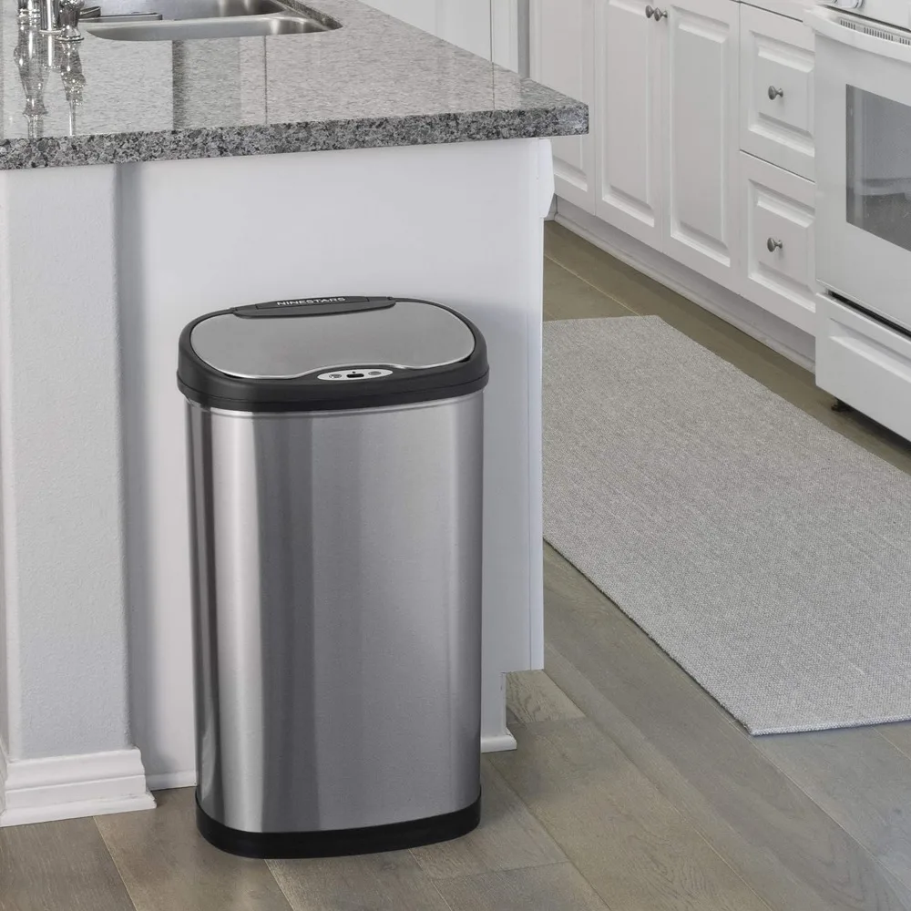 Automatic Touchless Infrared Motion Sensor Trash Can Combo Set, 13 Gal 50L & 3 Gal 12L, Steel Base (Oval, Silver/Black Lid)