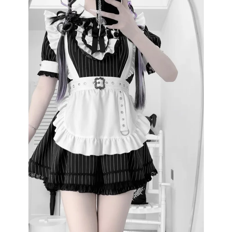 

Gothic Maid Lolita Dress Women Cosplay Costume Black Stripe Steampunk Mine Dresses Cute Bow Lace Outfit Japanese Y2k Subculture