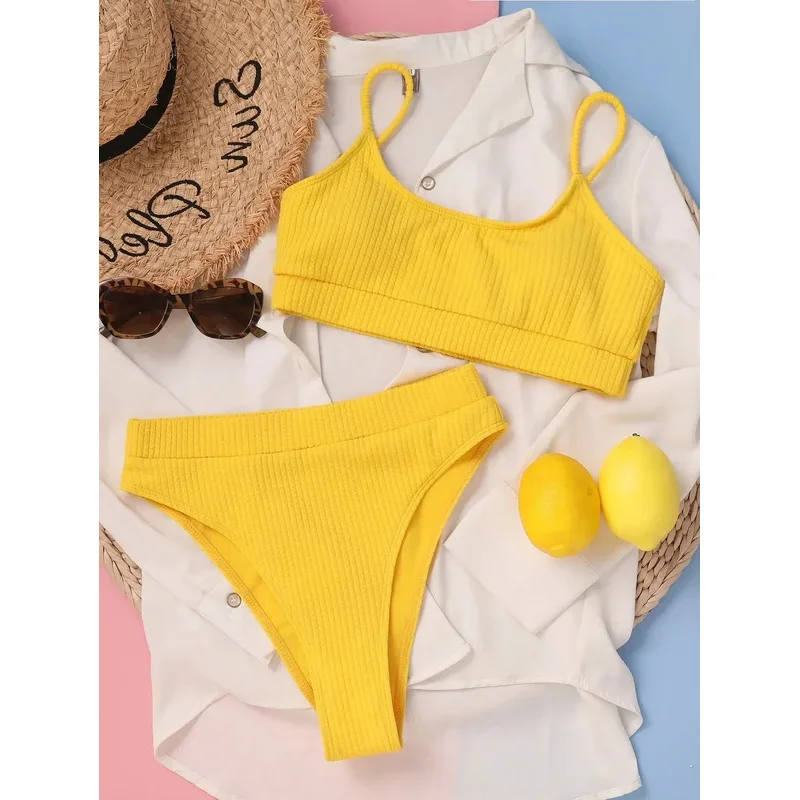Sexy Solid Yellow Bikini 2026 Mujer High Cut Pleate Women's Swimsuit Separate Beach Bathing Suit High Waist Swimwear Biquini New