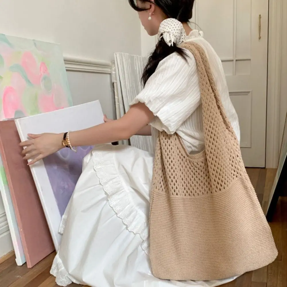 

Solid Color Knitting Shoulder Bag Hollow Out Versatile Bohemian Crochet Tote Bag Large Capacity Casual Woven Handbag Travel