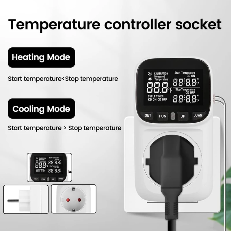 Digital Plug In Thermostat Outlet120v Heating Cooling Control 110V 15A Celsius Fahrenheit Display,For Greenhouse US Plug