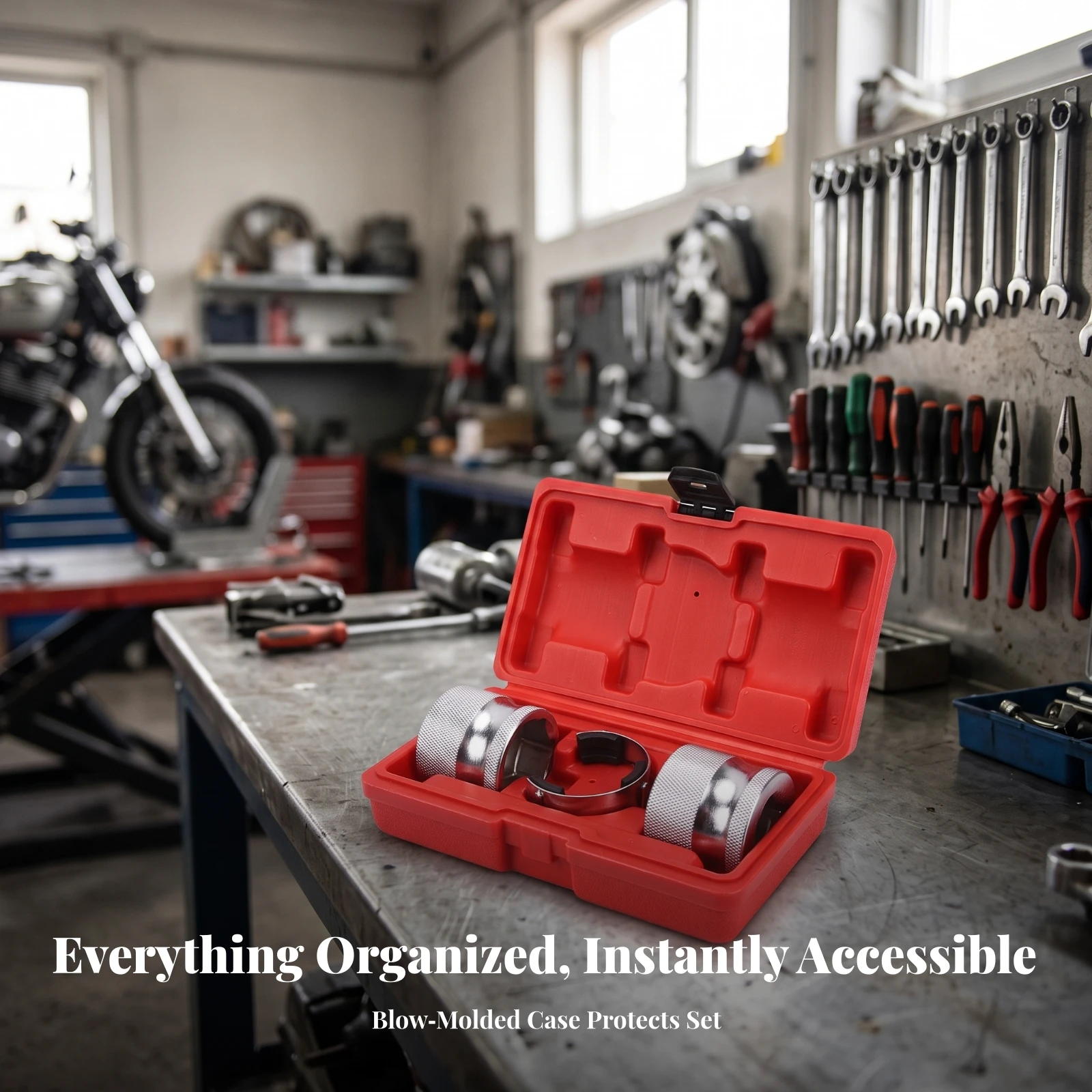 Split Ring Motorcycle Tool Kit with Blow Molded Case for Secure Grip Garage Use Heavy Duty Metal Construction