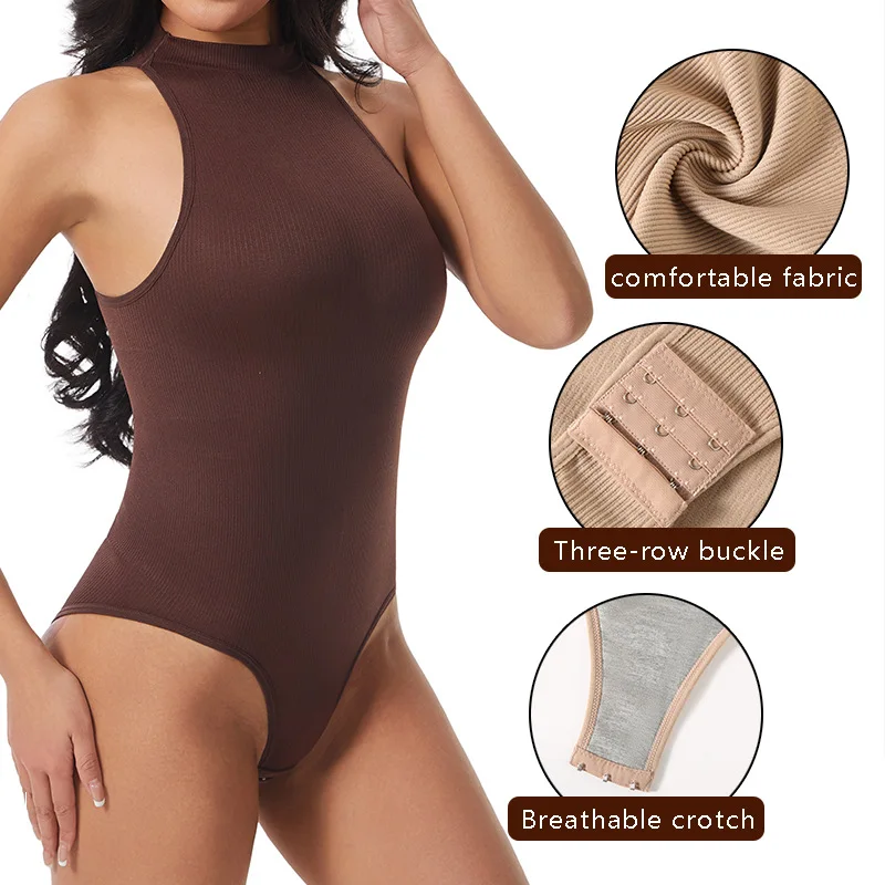 Women Round Neck Shaper Bodysuits T-shaped Shapewear Corset Slimming Shapers Sleeveless Adjustable Buckle Tight Fitting Jumpsuit