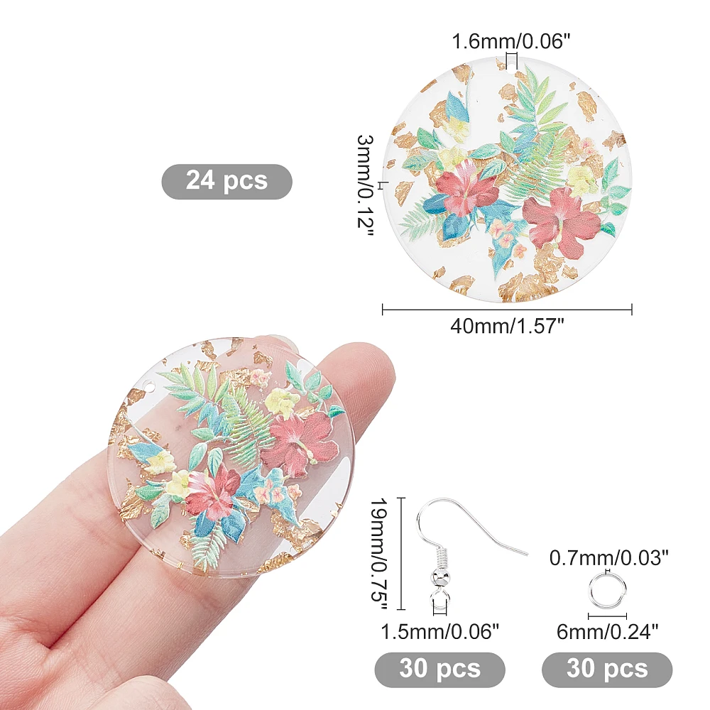 1box Dangle Earring Making Kits Including 24pcs Flat Round with Flower Pattern Resin Pendants 30pcs Brass Earring Hooks