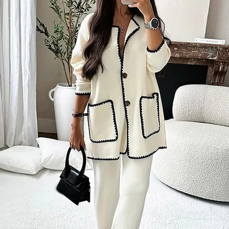 Women Autumn Winter Solid Two-piece Sets Fashion O Neck Double Pocket Buttons Tops Casual Straight Pants New Female Suits