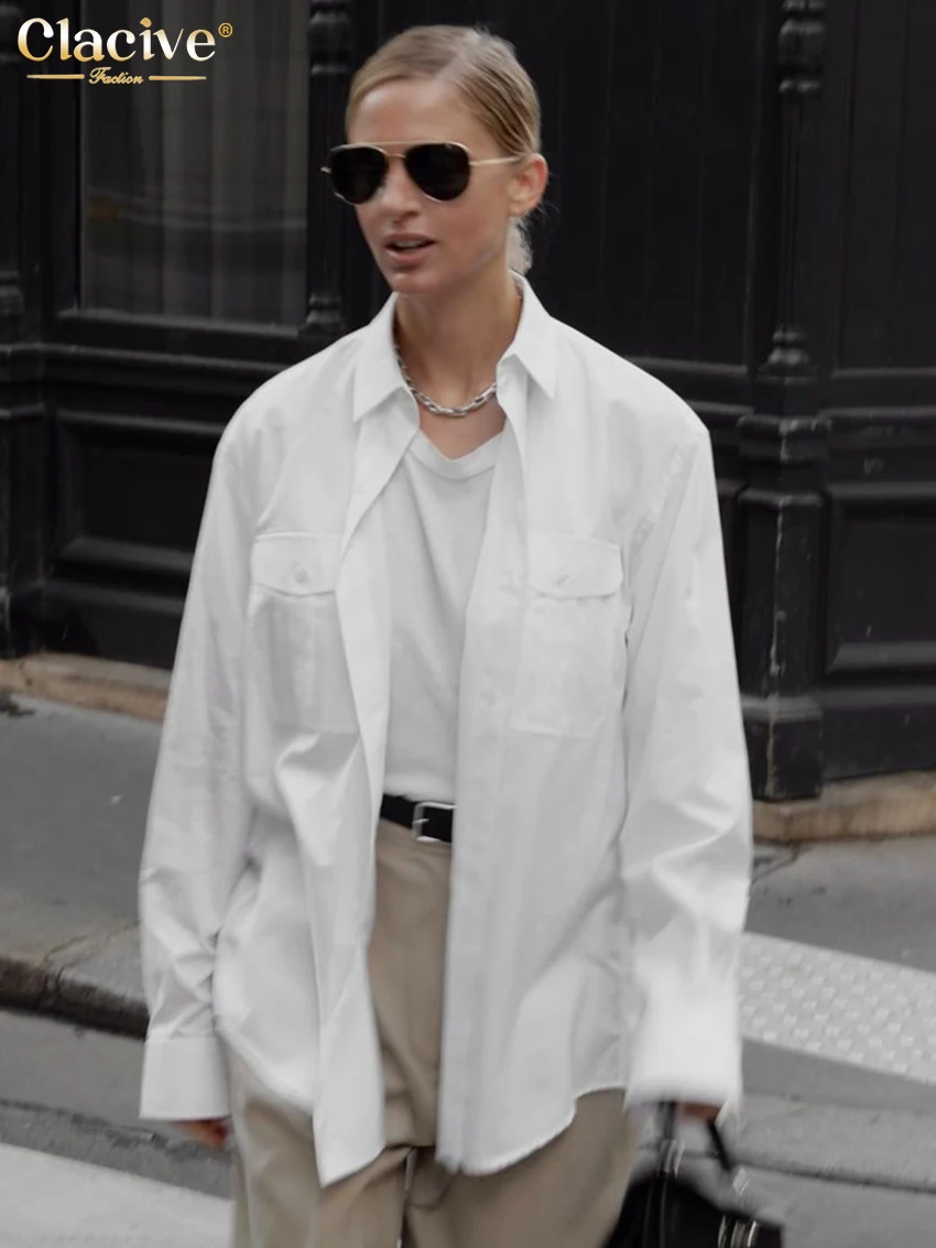 

Clacive модная свободная белая хлопковая женская блузка 2026 повседневные женские рубашки с лацканами и длинными рукавами элегантный классический топ женская одежда