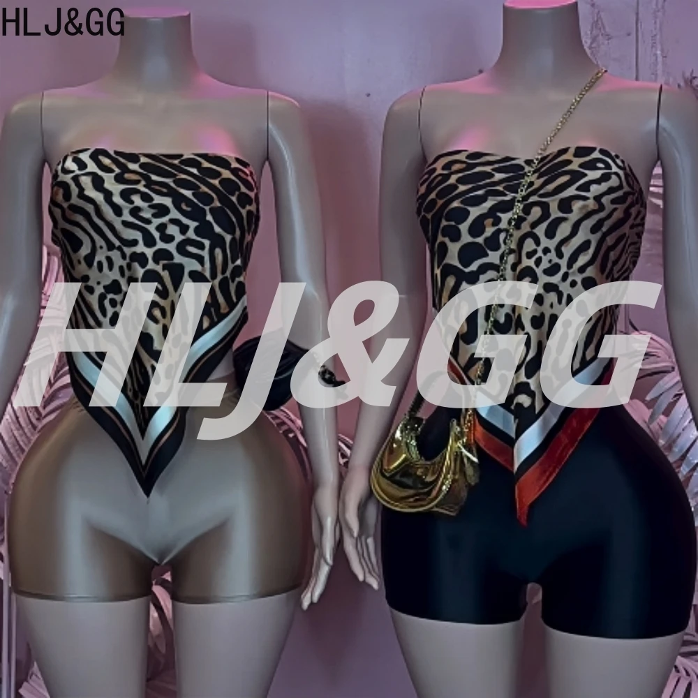 

HLJ&GG Sexy Leopard Print Scarf Two Piece Sets Women Off Shoulder Sleeveless Backless Crop Top And Shorts Outfits Y2K Streetwear