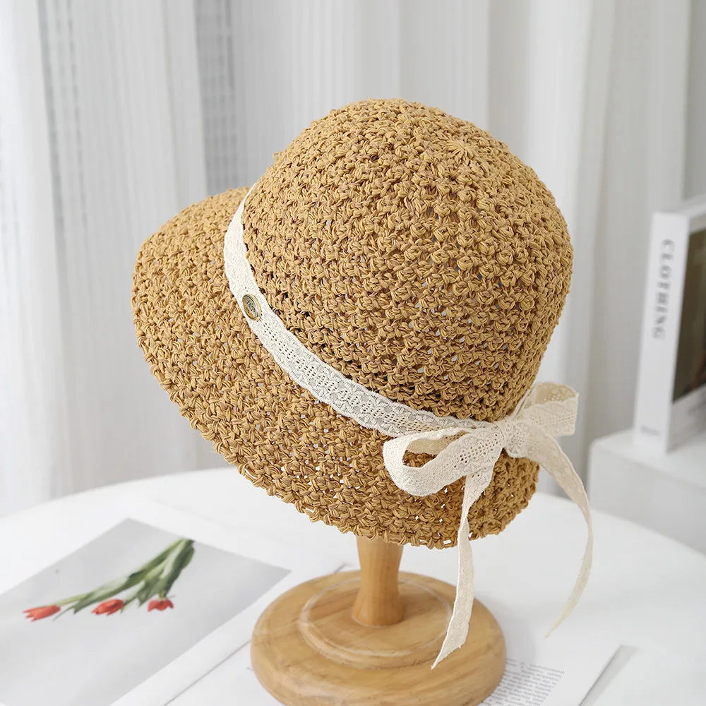 Summer Wide Brim Bucket Hat for Women Korean Style Foldable Sunshade Beach Accessory with Ribbon Bow Female Summer Hat