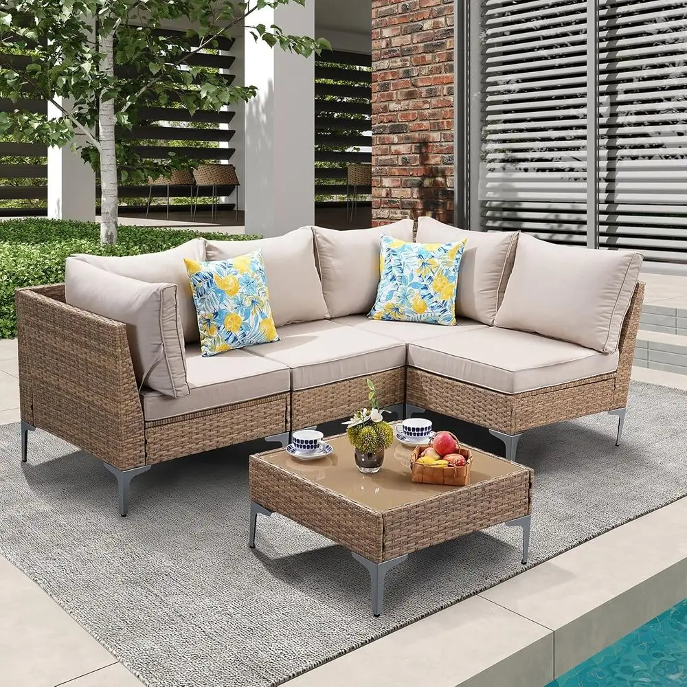 

5-Piece Wicker Outdoor Furniture Set with Thick Cushions for Patio, Garden, Poolside in Beige