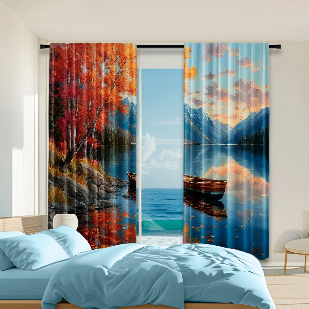 

2pcs 2D flat printing Window Treatment Curtains Autumn Lake Boat Scenery Versatile Durable Polyester Without Electricity Family