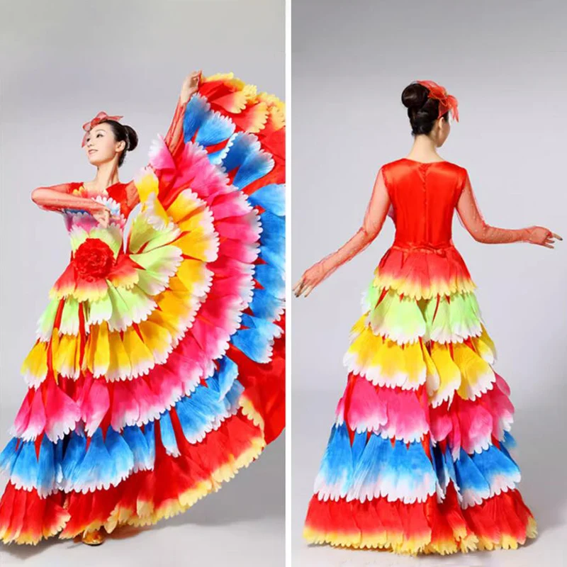 Damen Spanisches Flamenco Stierkampf-Kleid, Eröffnungstanz, Großer Schwung, Blütenblatt-Design, Klassische Kleider, Bühnentänzerin, Performance-Rock, Kostüm – Detail 6