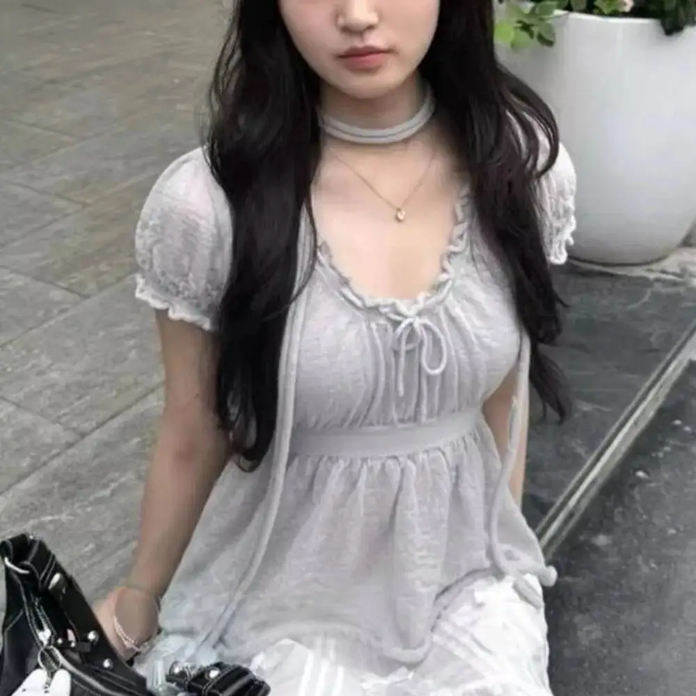 

Sweet Halter Bow French Style Elegant Shirt Women Square Collar Slim Half Sleeve Knit Tops All-Match Gentle Ruffles Mujer