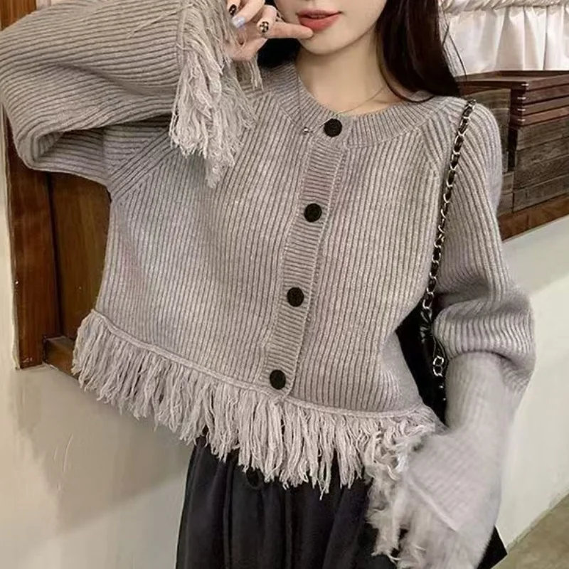 Autumn Women Elegant Tassel Splice Knit Cardigan O-Neck Single Breast Loose Sweater Retro Casual All-Match Gray Top Chic Korean