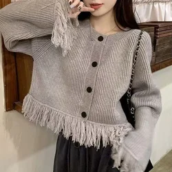 Autumn Women Elegant Tassel Splice Knit Cardigan O-Neck Single Breast Loose Sweater Retro Casual All-Match Gray Top Chic Korean