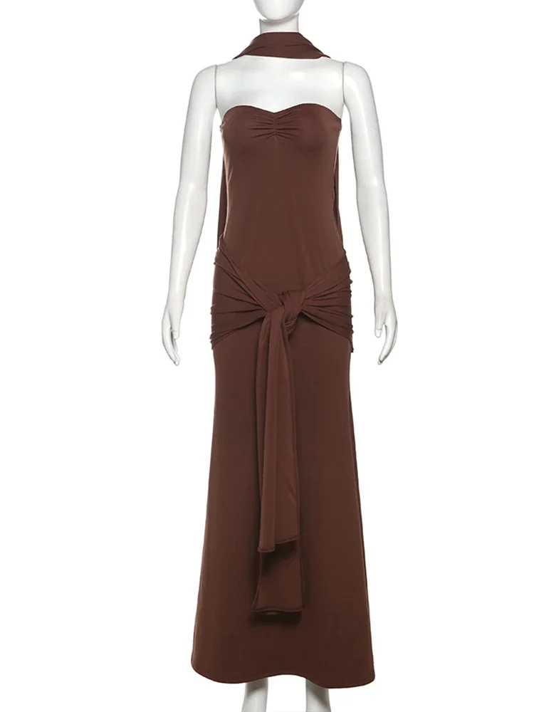 Elegant Strapless Dress Women Solid Scarf+Backless Cross Knot Tassel Robe 2025 New Trend Prom Party CLassic Outfits