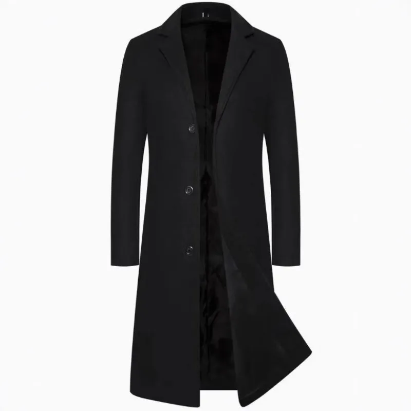 Men Long Wool Blend Coat Notch Lapel Single Breasted Thick Fleece Lined Trench Overcoat Business Formal Winter Outerwear