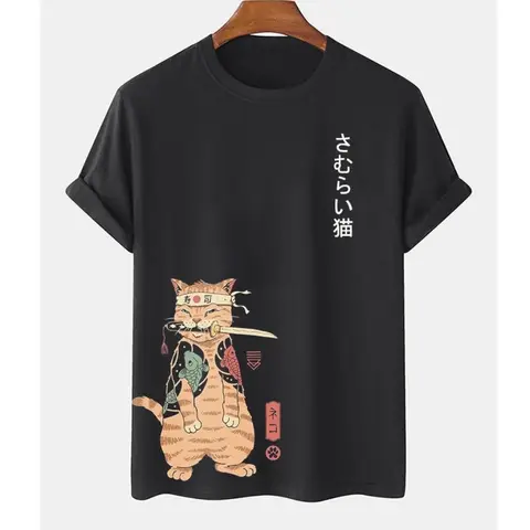 Cartoon Anime Samurai Cat Printed T Shirt For Men Outdoor Hip Hop Harajuku Vintage Clothes Casual O-neck Casual Short Sleeve Tee