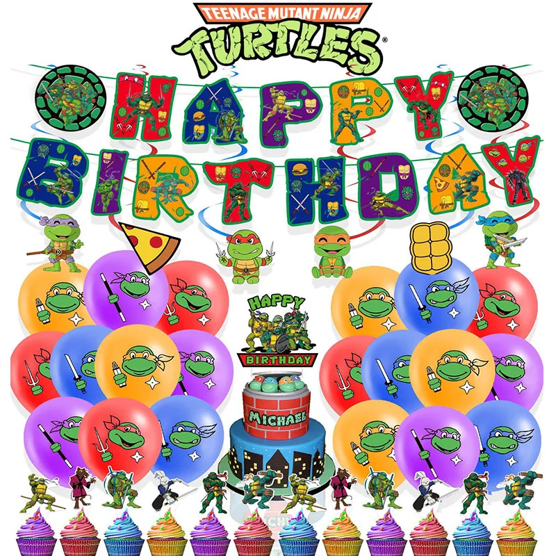 

Ninja Turtle Theme Birthday Party 2D Anime Action Figure Banners Cake Inserts Balloon Festival Decoration Prop Cospaly Periphery