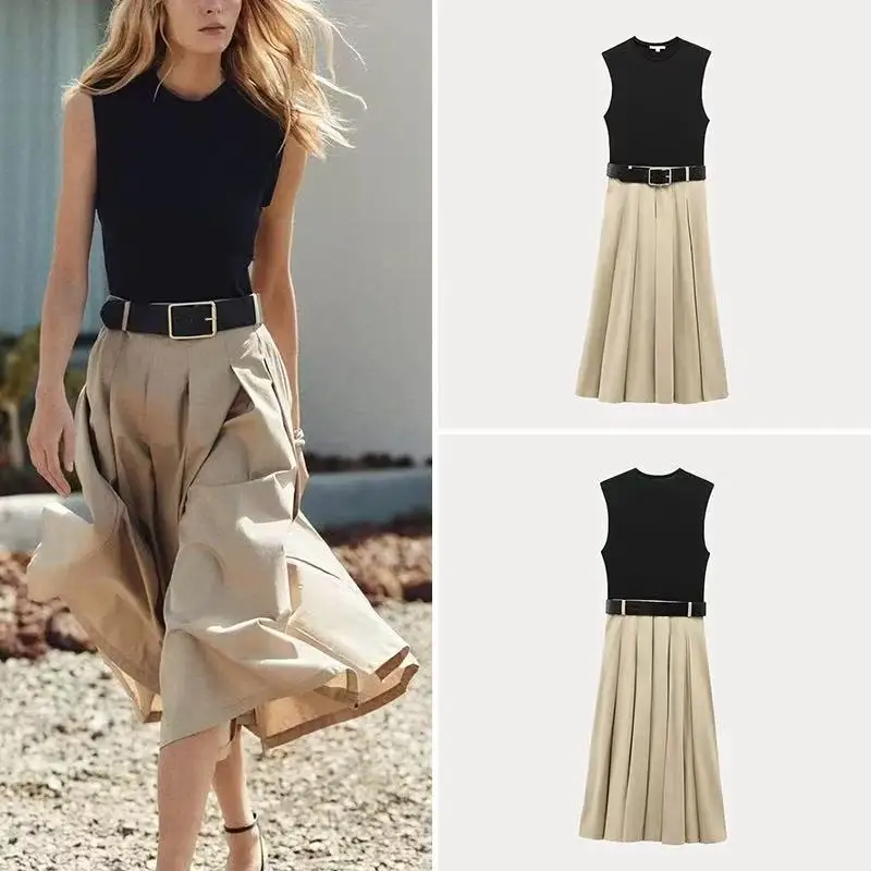

Summer Women's Dress Set 2025 Sleeveless Panelled Long Skirt Elegant Party Belt Casual Everyday Home Dress