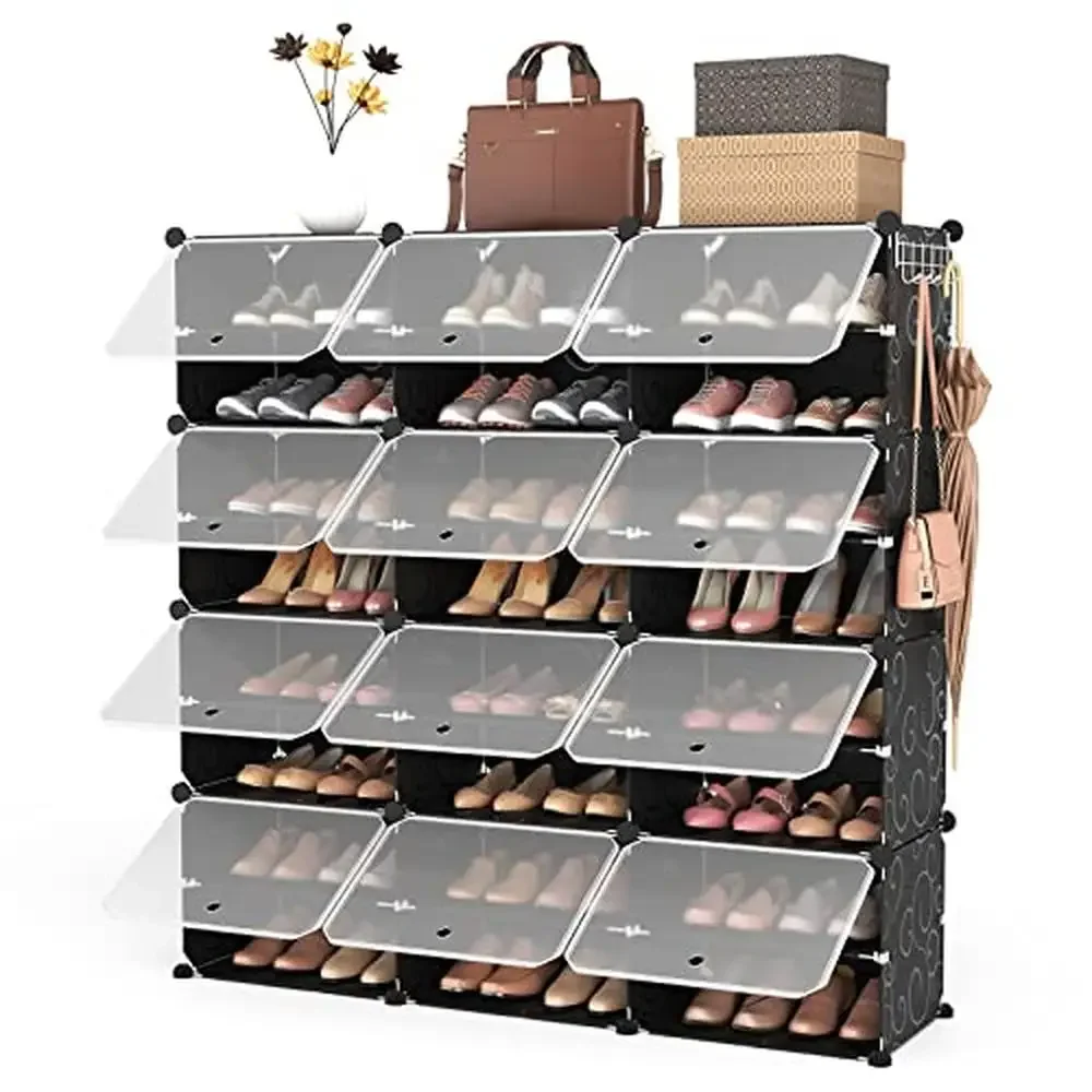 Portable 8-Tier Shoe Rack Organizer Cabinet Space Saving Storage 48 Pairs Shoes Expandable Stackable with Hooks and Installation