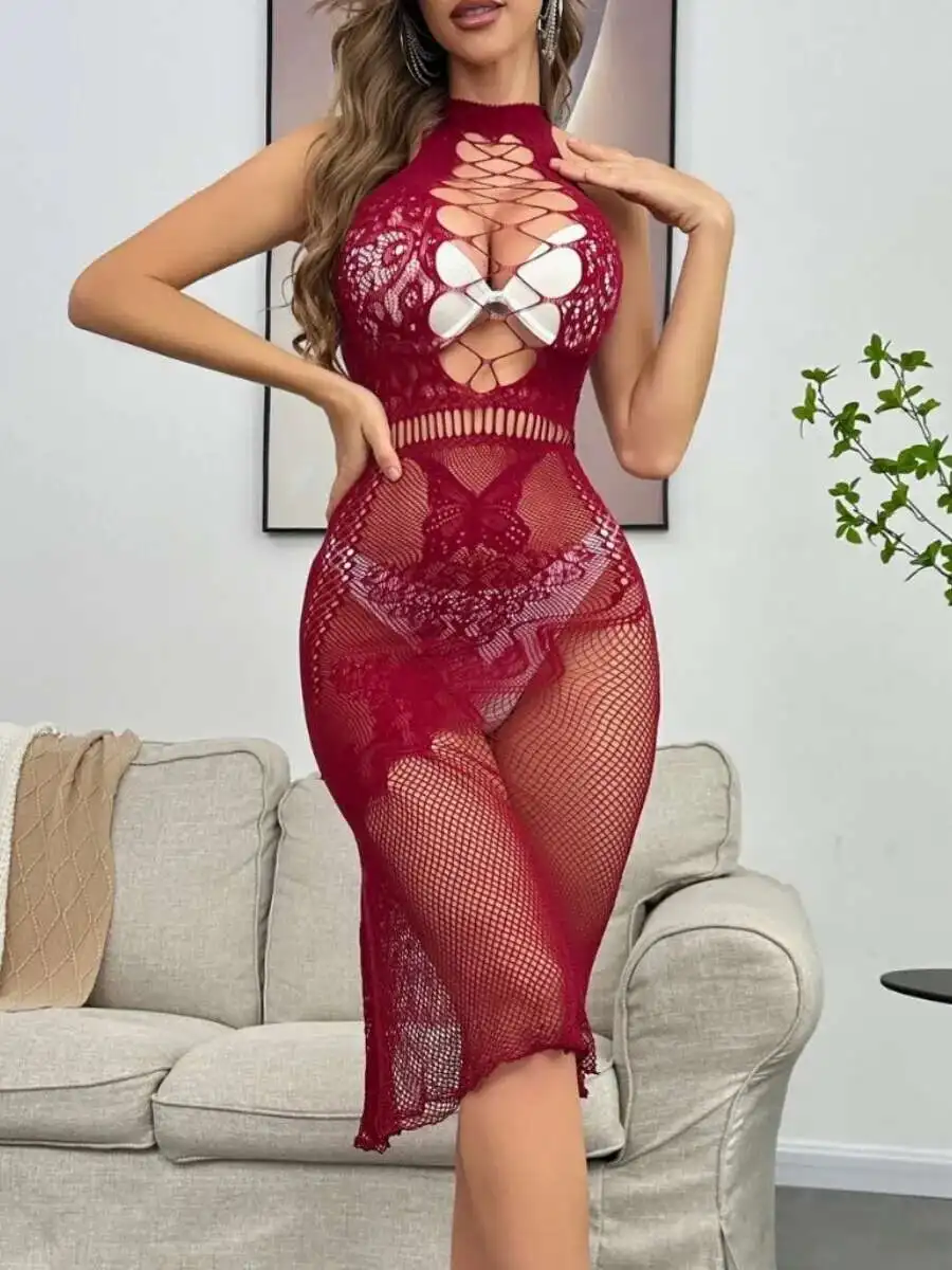 Women's Sexy Dress High Elasticity Semi-sheer Mesh Dress Hollow Out Solid Color Hanging Neck Sleeveless Dress Charming WSAO