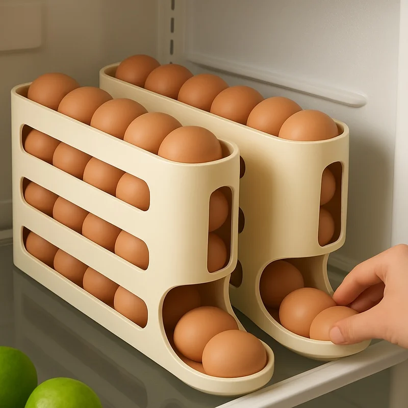 Multi-Layer Stackable Egg Rack with Ladder Style for Fridge Door, Automatic Rolling Storage Capacity