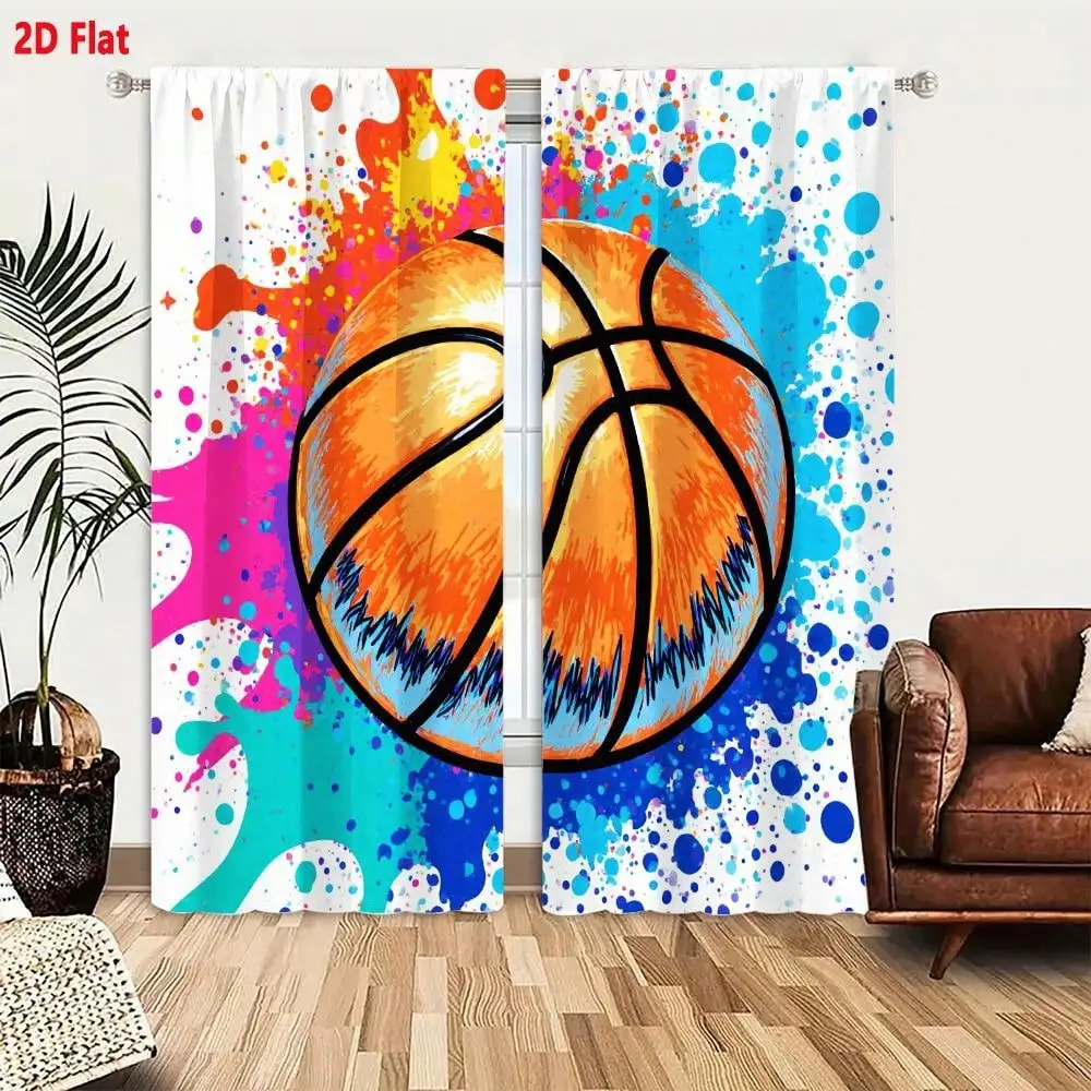 2D Flat 2pcs Basketball Themed Curtain Set - Room Decor With Basketball Hoop Design Semi-Sheer Panels Paint Splatter