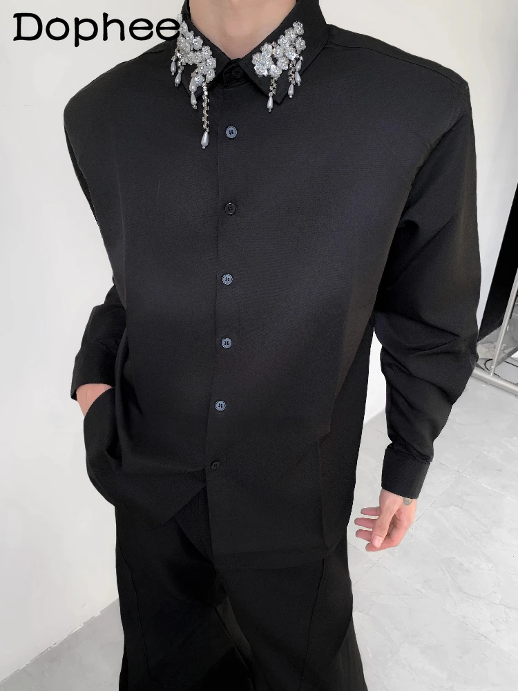 

Men's 2025 Autumn New High-End Elegant Solid Color Shirts Men's Light Luxury Collar Diamond Padded Shoulder Long Sleeve Shirts