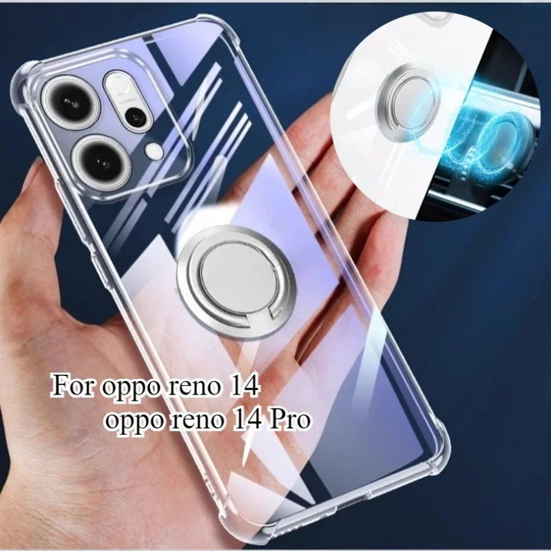 غطاء لهاتف اوبو رينو 14 برو حافظة شفافة مقاومة للصدمات لهاتف رينو 14 برو حامل حلقي مغناطيسي وسادة هوائية غلاف من السيليكون الناعم
