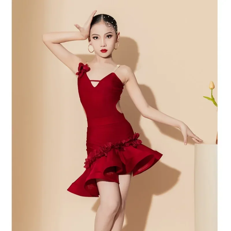 2-Piece Cha Cha Rumba Latin Dance Dress Girls Dance Dress Tango Dance Dresses Girl Performance Suit Kids Practice Clothes 4Color