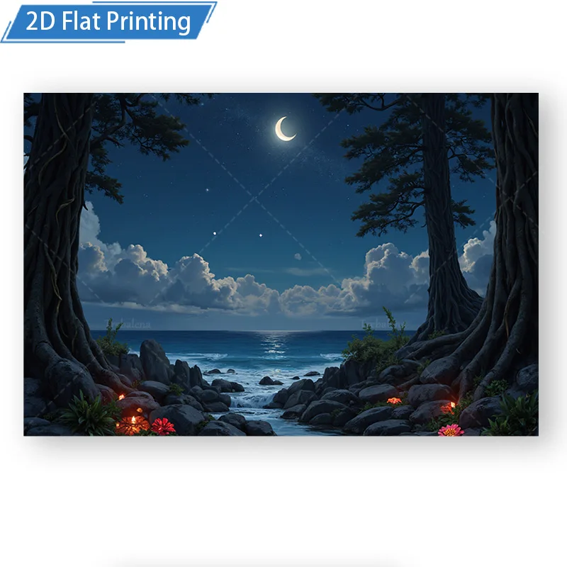 قطعة واحدة من نسيج الحائط "مشهد الشاطئ الليلي المسحور مع نسيج حائط على شكل هلال ونجوم"