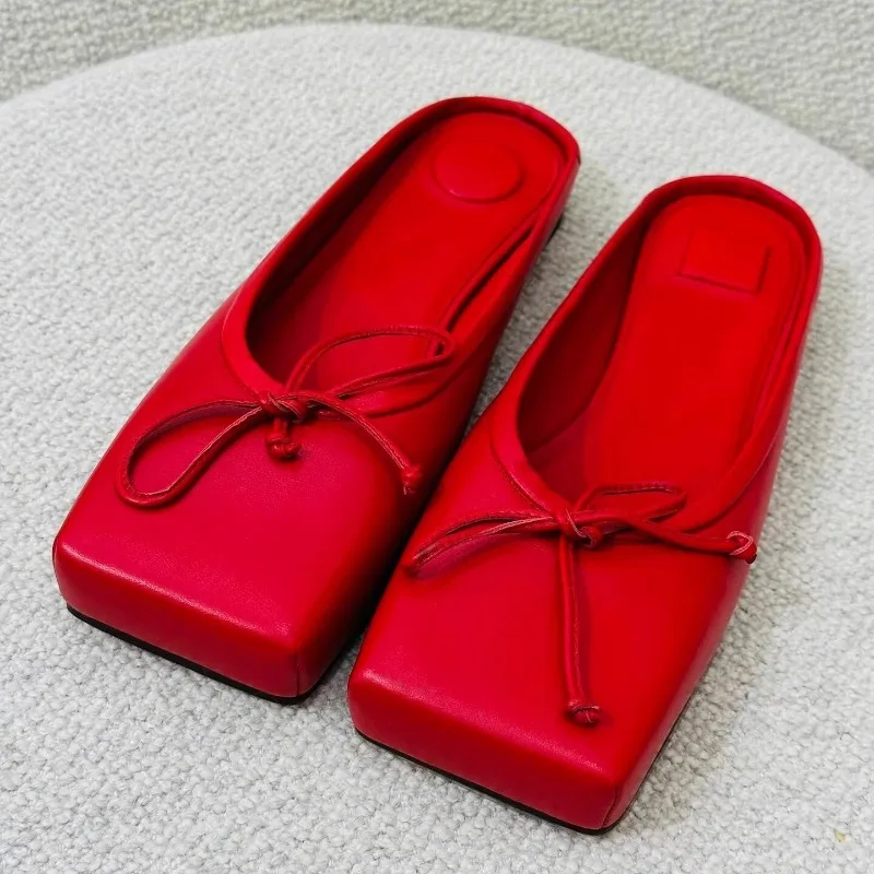 2024 Summer Fashion Popular New Square Head Bow Flat Heel Slippers Women's Flat Bag Head Cherry Red White Elegant Ballet Flats